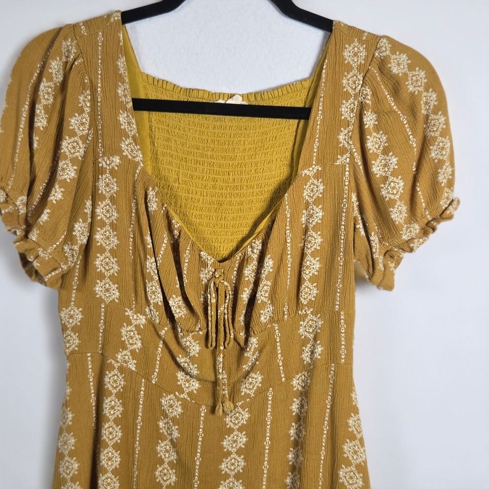 Hem & Thread Mustard Boho Mini Dress Medium Folk Print Puff Sleeve Tie Front